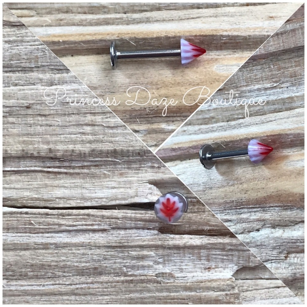 Labret Monroe Piercing Stud Red White Maple Leaf Gem Cartilage Tragus Earring